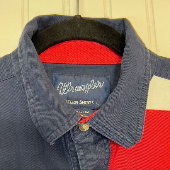 90's Wrangler Western Shirt Texas Flag Button Down Long Sleeve Red White Blue L - Picture 13 of 15
